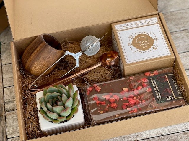 Organic Tea Hamper & Succulent / Tea with Handmade Chocolate & Live Plant