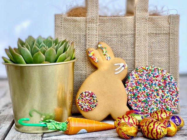 Easter Succulent Basket with chocolate and cookie