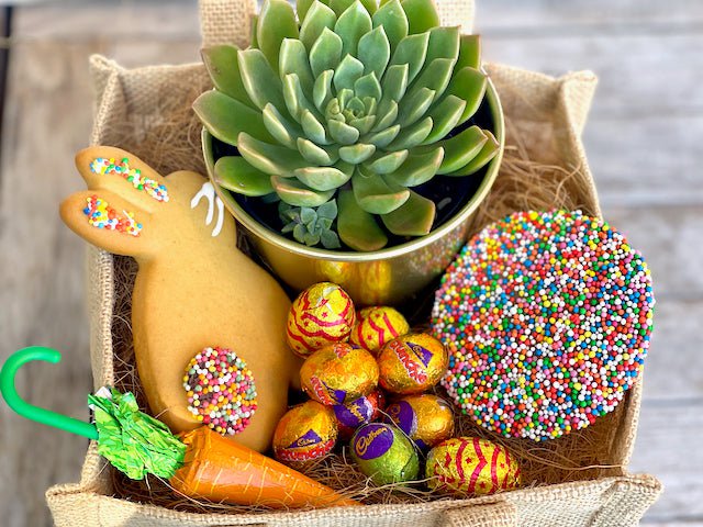 Easter Succulent Basket with chocolate and cookie