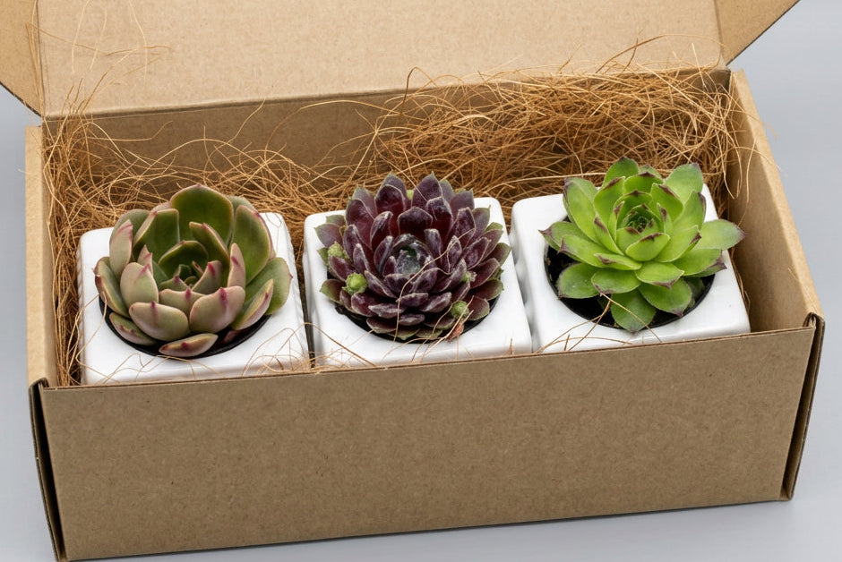 Three potted succulent plants with rosette shapes, placed in a recycled gift box with eco friendly coconut fibre filling
